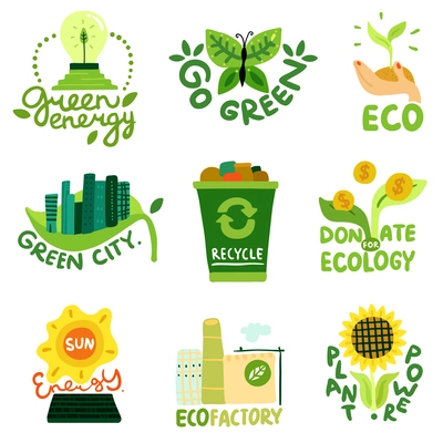 Ecological restoration flat emblems sun energy eco factory recycling of waste and green city isolated vector illustration