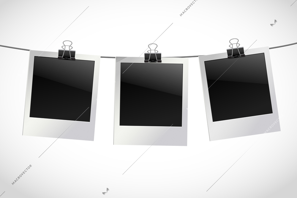 Photo frames retro instant picture black cards on rope with paper clips vector illustration.