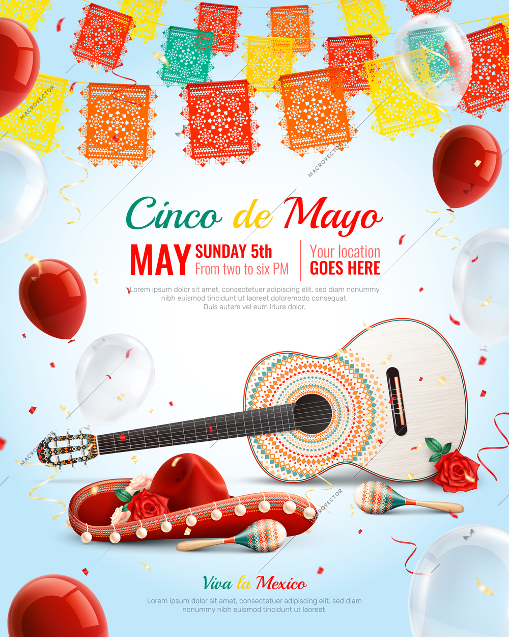 Realistic mexican holiday cinco de mayo composition with sombrero maracas guitar balloons vector illustration