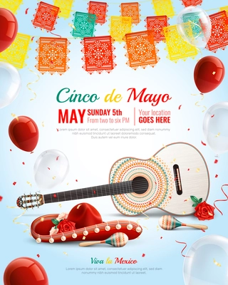 Realistic mexican holiday cinco de mayo composition with sombrero maracas guitar balloons vector illustration