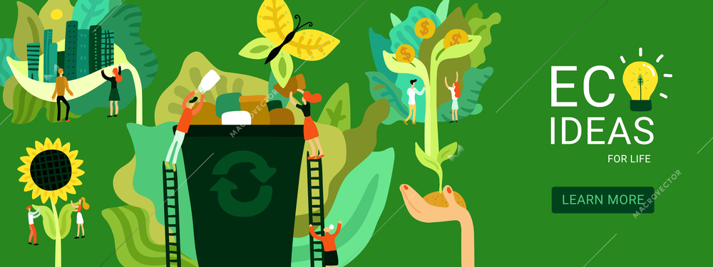 Ecological restoration header eco ideas for environmental recovery on green background flat vector illustration