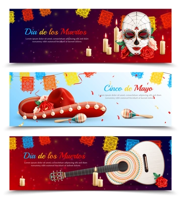 Realistic set of horizontal banners with various symbols of traditional mexican holidays isolated vector illustration