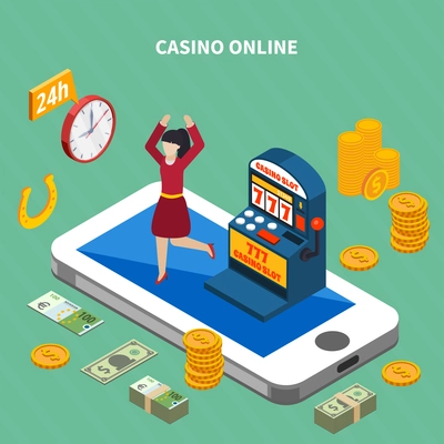 Game machine isometric concept with online casino and happy woman 3d vector illustration