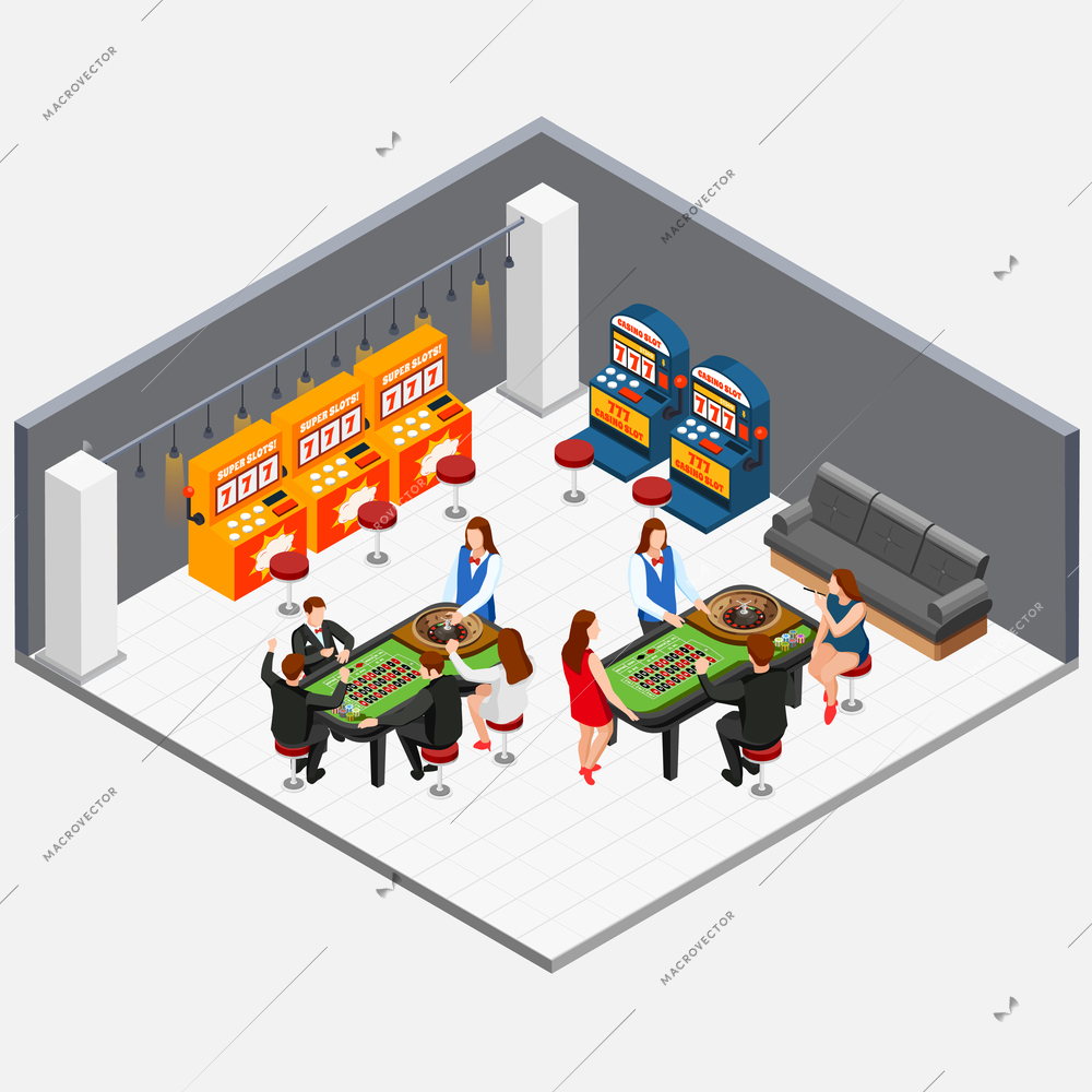 Isometric concept with people playing in casino room with game machines 3d vector illustration