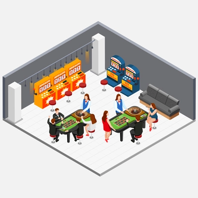 Isometric concept with people playing in casino room with game machines 3d vector illustration