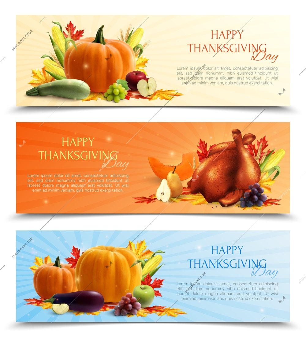 Realistic set of thanksgiving day banners with autumn harvest and roasted turkey isolated vector illustration