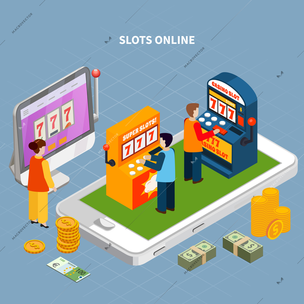 Isometric concept with smartphone and people playing game machines online 3d vector illustration