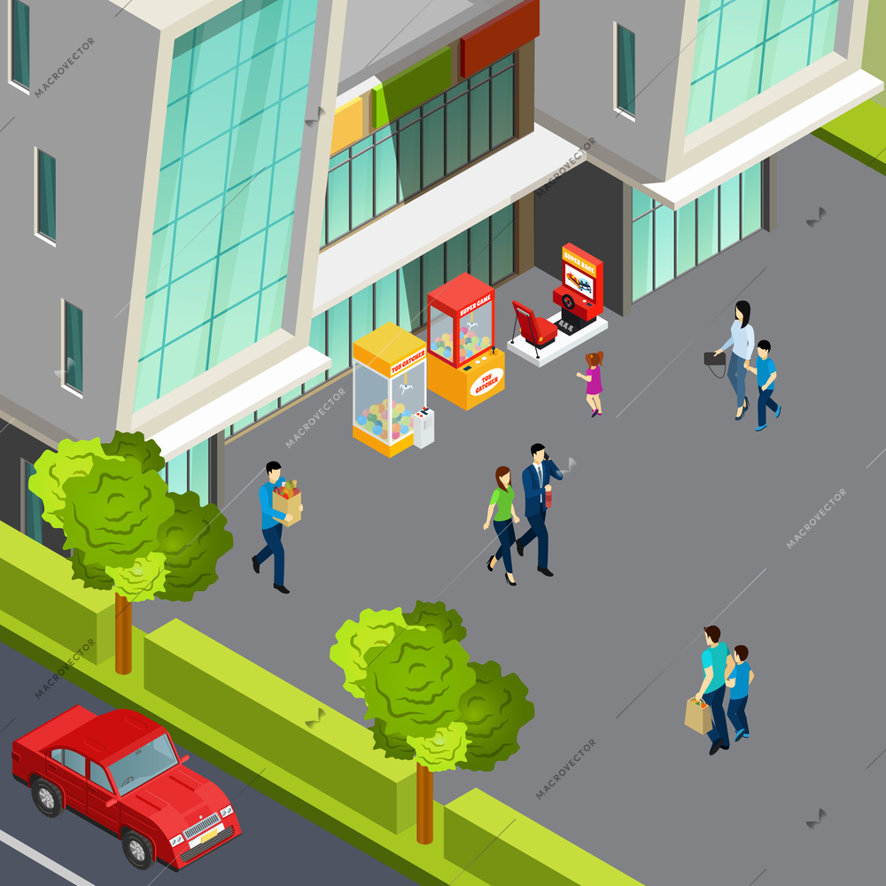 People walking near shopping centre with various game machines 3d isometric vector illustration