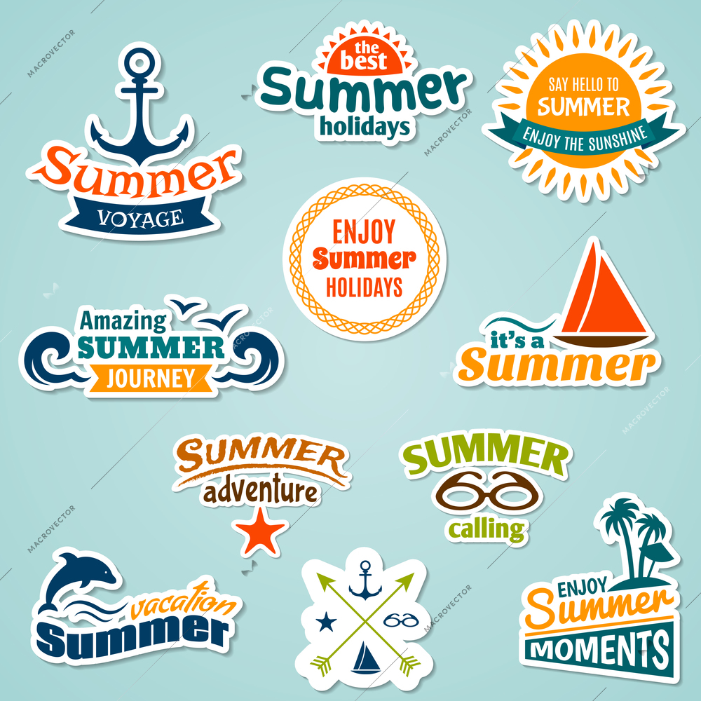 Summer sea tropical vacation journey holidays sticker set isolated vector illustration