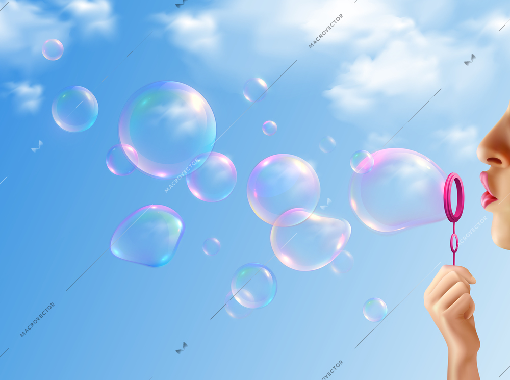 Woman inflating soap bubbles on background with blue sky realistic vector illustration