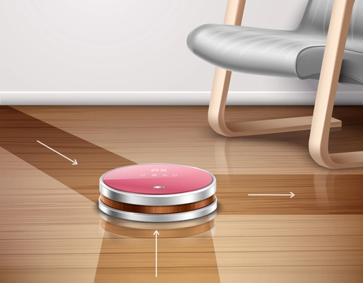 Robot vacuum cleaner in work with direction of movements on parquet floor 3d vector illustration