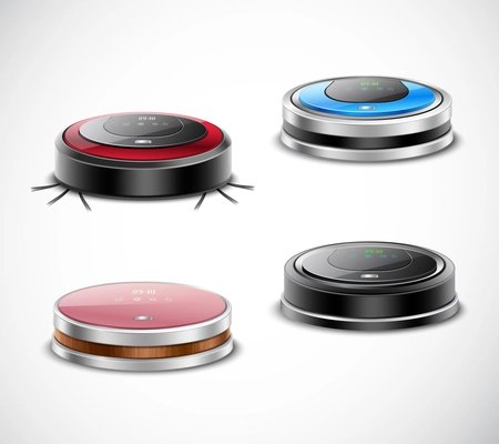 Set of robotic vacuum cleaners of round shape and various color on light background isolated vector illustration