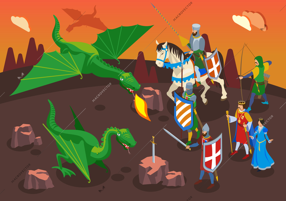 Medieval isometric composition with human characters of warriors and knights with green dragons and fantasy landscape vector illustration