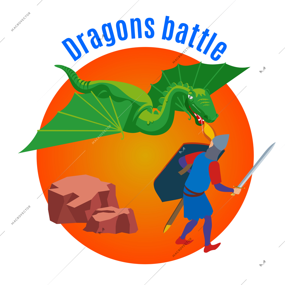 Medieval isometric background with view of straight fight between dragon and human characters with editable text vector illustration