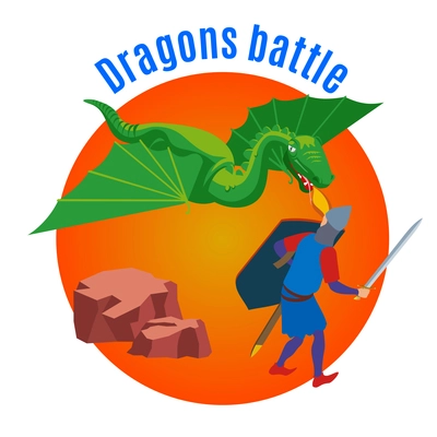 Medieval isometric background with view of straight fight between dragon and human characters with editable text vector illustration