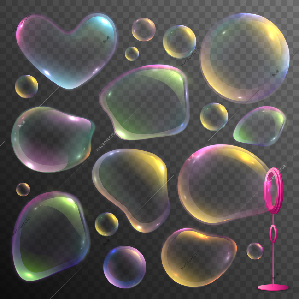 Realistic set of colorful deformed soap bubbles isolated on transparent background vector illustration