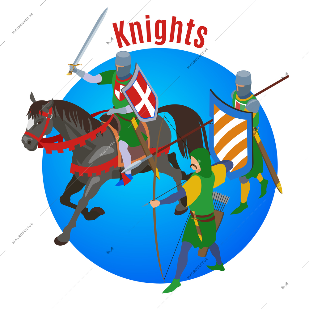 Medieval isometric background with round composition horse and three human characters of cold warriors with text vector illustration