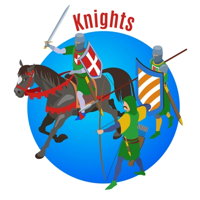Medieval isometric background with round composition horse and three human characters of cold warriors with text vector illustration