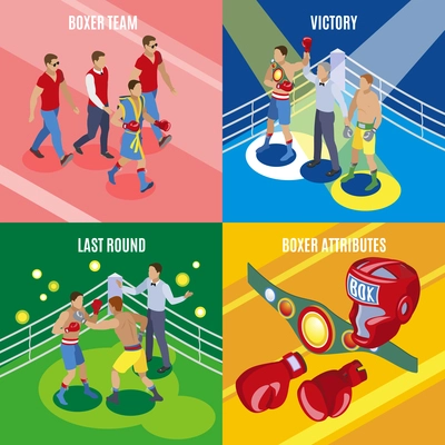 Box isometric 2x2 design concept with colourful images of sport equipment and human characters in uniform vector illustration