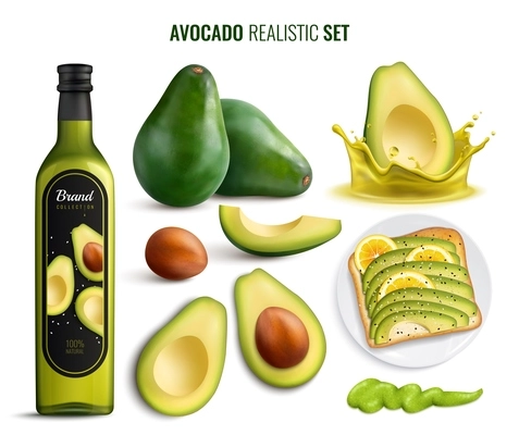Realistic set with avocado fruit oil sandwich and guacamole icons isolated on white background vector illustration