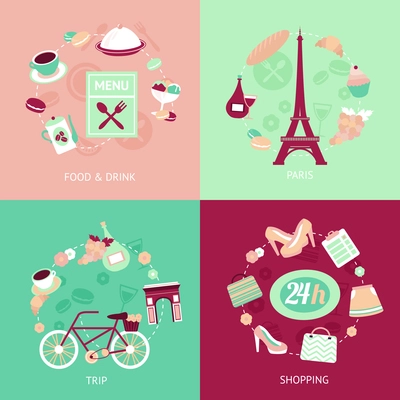 Paris city food drink shopping trip decorative elements set isolated vector illustration