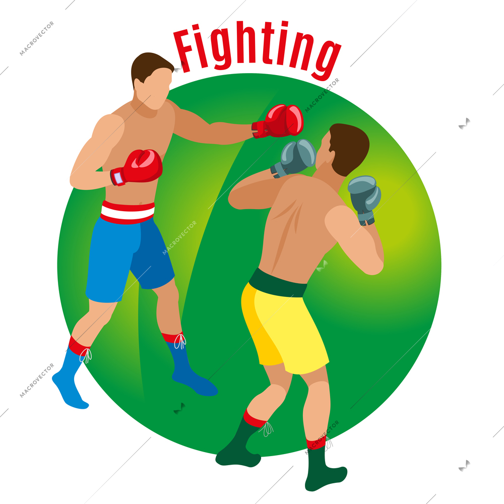 Box isometric background with faceless human characters of two men in boxing gloves with editable text vector illustration