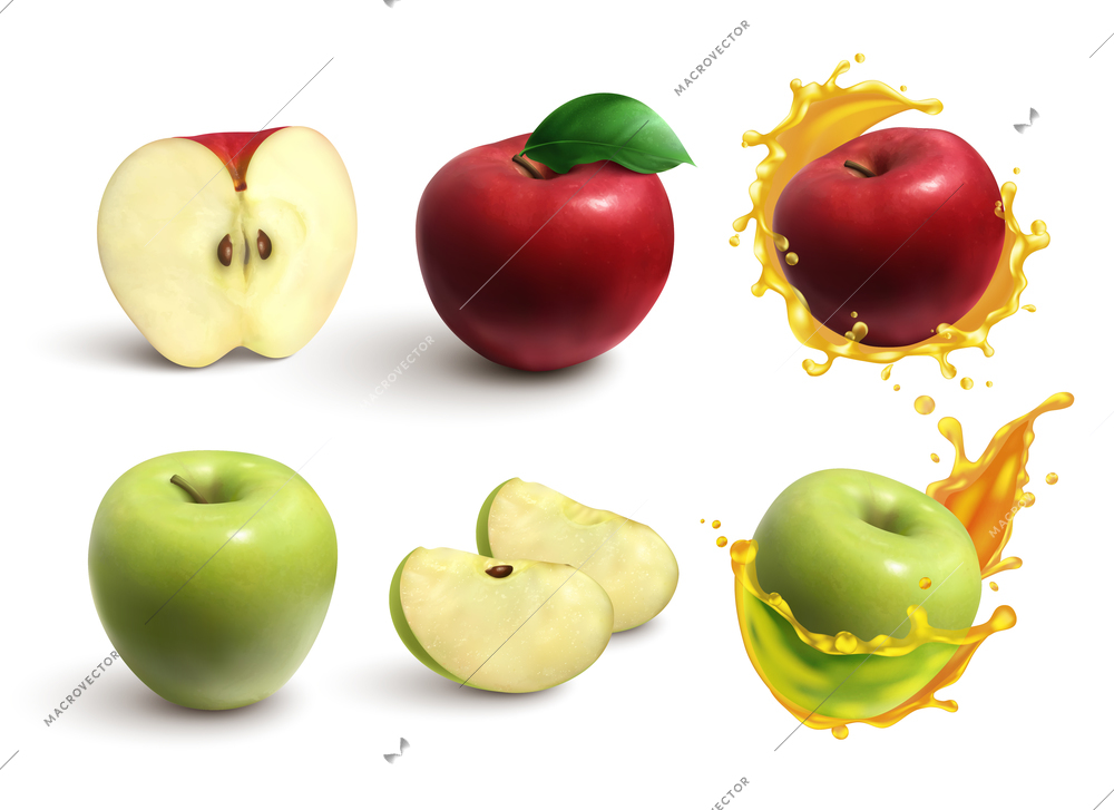 Realistic set of whole and cut juicy red and green apples isolated on white background vector illustration