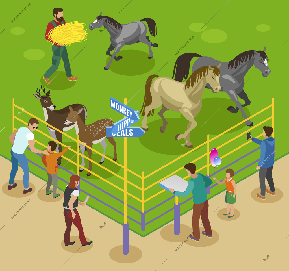 Contact zoo isometric composition with horses deers and zoo workers with barriers and guest people characters vector illustration