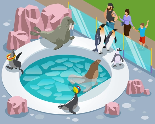 Contact zoo isometric composition with penguin custom made lake and people behind the glossy separating barrier vector illustration