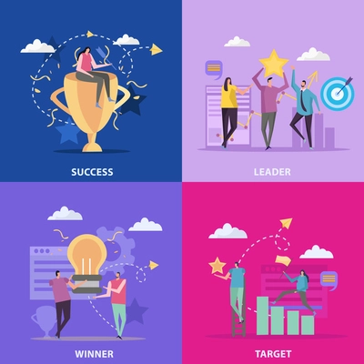 Success flat 2x2 design concept with doodle style pictogram icons and characters of people achieving success vector illustration