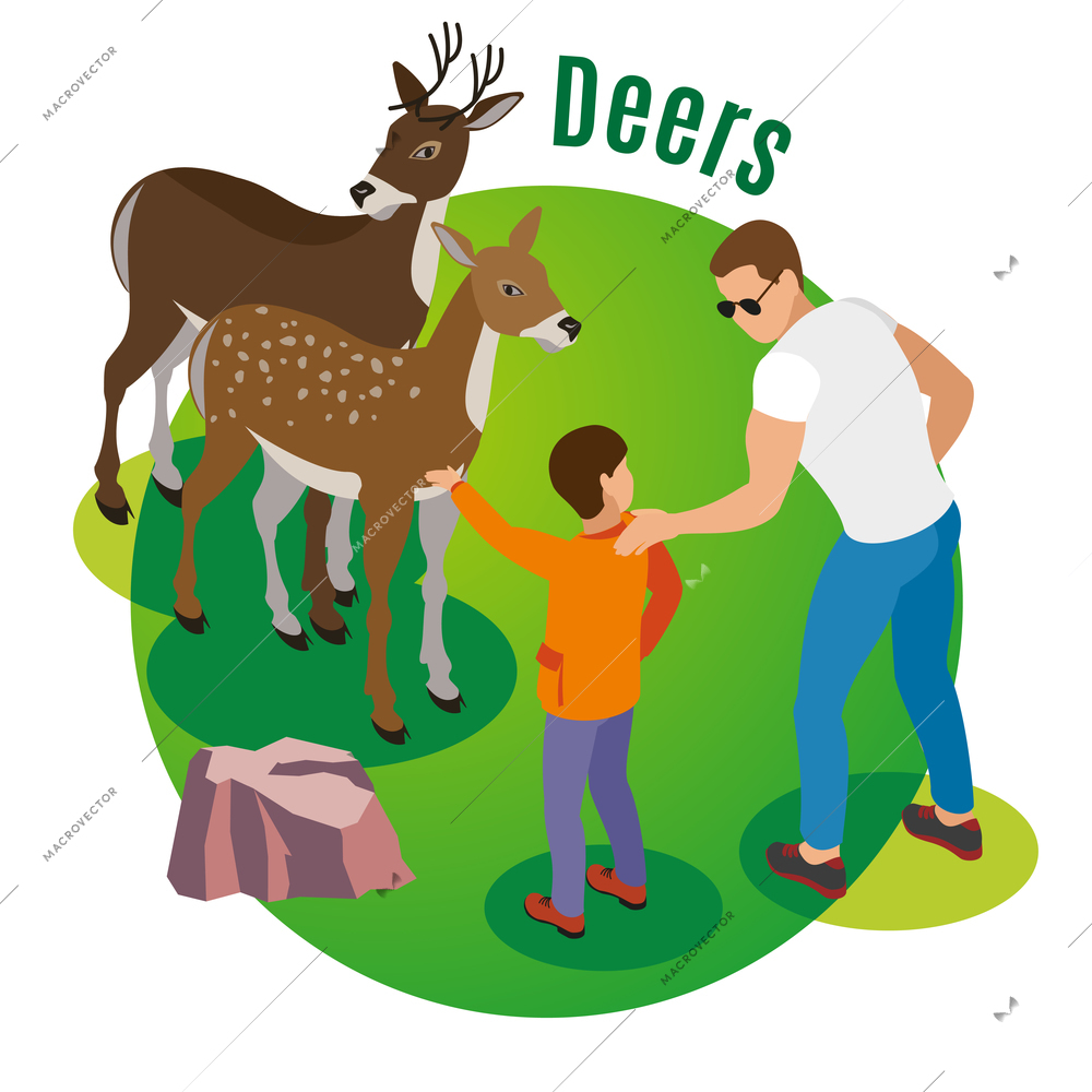 Contact zoo isometric background with human characters of adult man and his child in the wild vector illustration