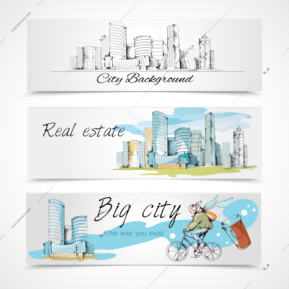 Modern urban big city abstract design horizontal banners set vector illustration