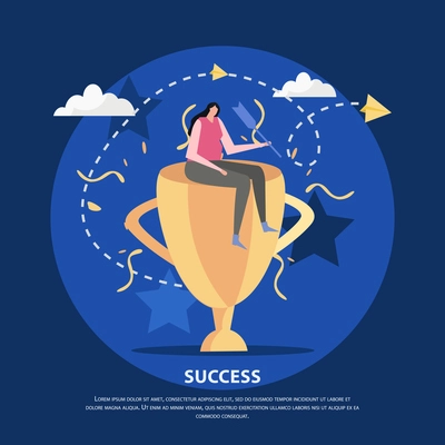 Success concept flat background with editable text and female human character sitting on top of trophy vector illustration