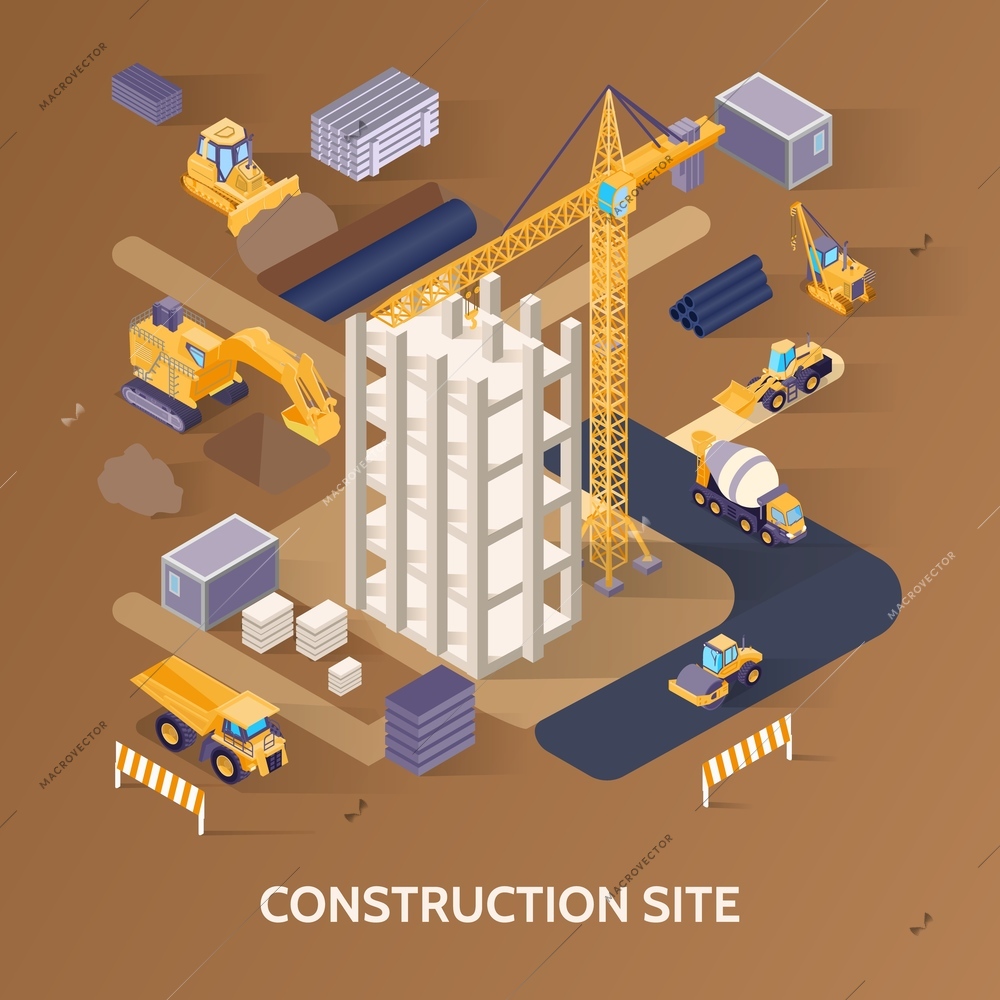 Construction building site material and machinery isometric concept on brown background 3d vector illustration