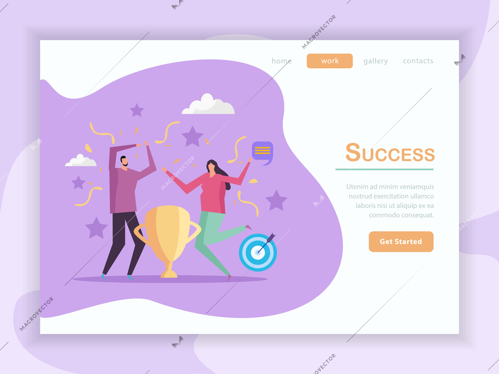 Success concept flat landing page design with clickable buttons text and images of people with icons vector illustration