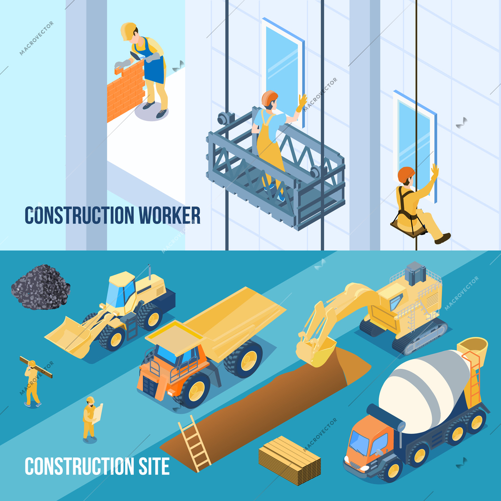 Construction building site and workers isometric horizontal banners set 3d isolated vector illustration