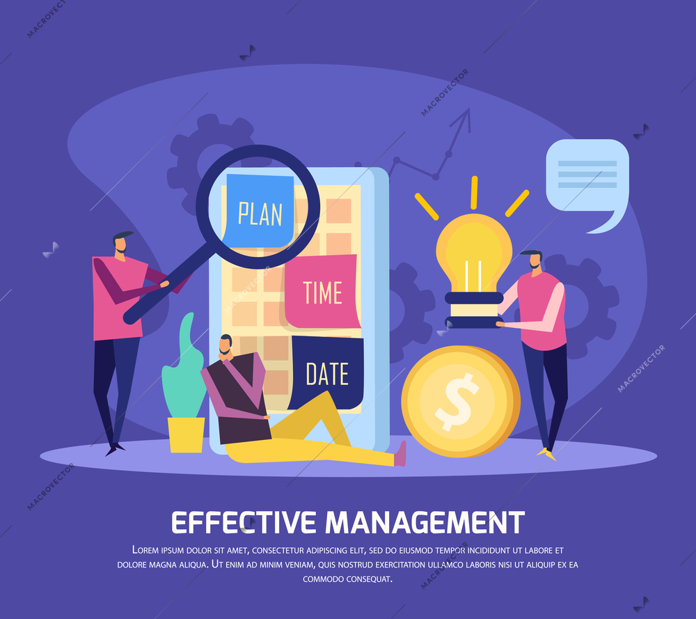 Effective management concept flat background composition with editable text and conceptual images of calendar and people vector illustration