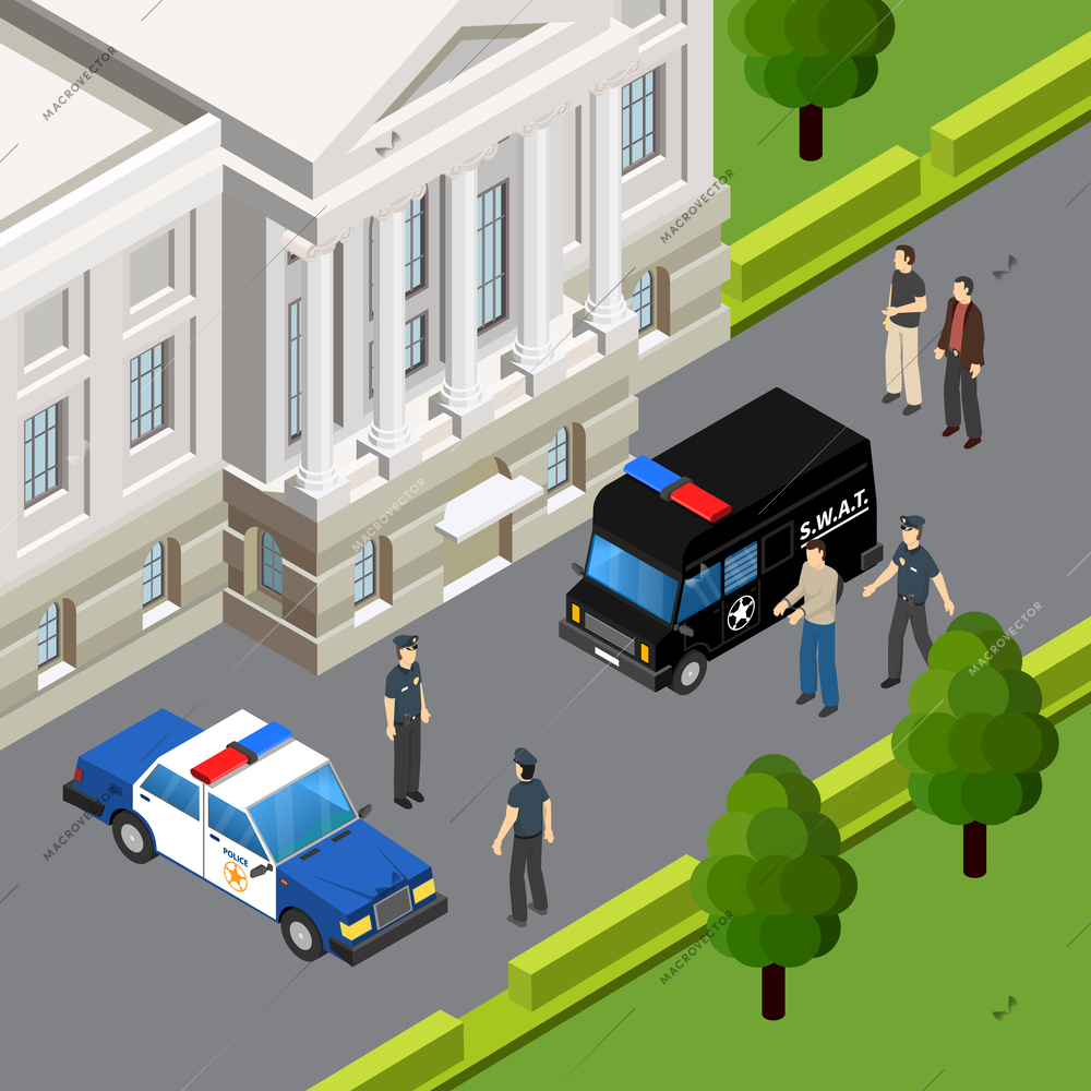 Law justice system isometric composition with crime suspect arrest by police officers scene summer outdoor vector illustration