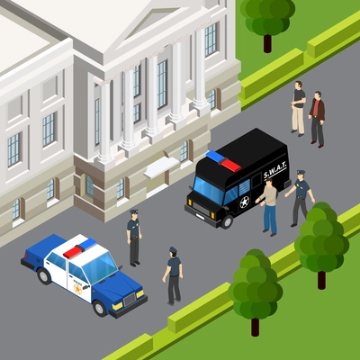 Law justice system isometric composition with crime suspect arrest by police officers scene summer outdoor vector illustration