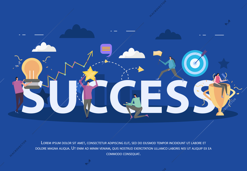 Success concept flat composition background with fancy icons and pictograms cartoon human characters and editable text vector illustration