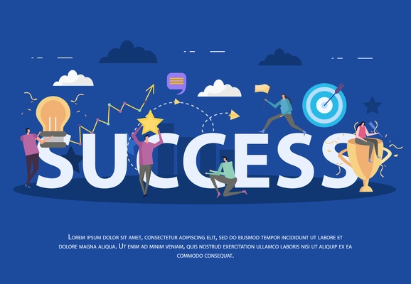 Success concept flat composition background with fancy icons and pictograms cartoon human characters and editable text vector illustration