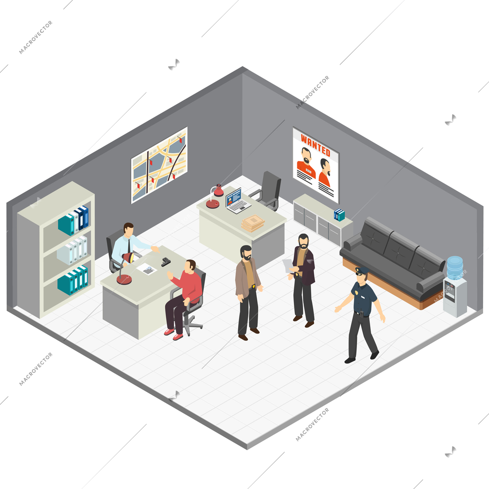 Law justice detectives office isometric composition with crime case investigators  interview witness reconstructing incident details vector illustration