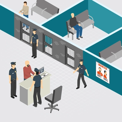 Police department pretrial provisional detention prison section interior isometric composition with officers guards arrested criminals vector illustration