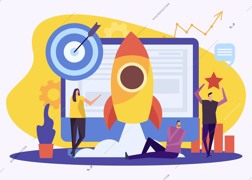 Success concept flat composition with desktop computer human characters and abstract elements infographic pictograms with rocket vector illustration
