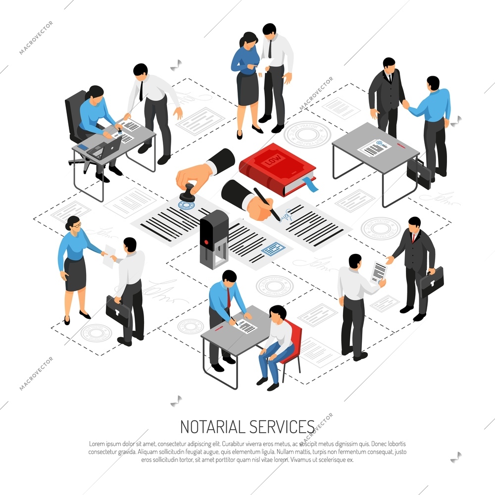 Notarial services isometric composition with persons during execution of documents on white background vector illustration