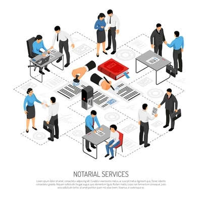 Notarial services isometric composition with persons during execution of documents on white background vector illustration