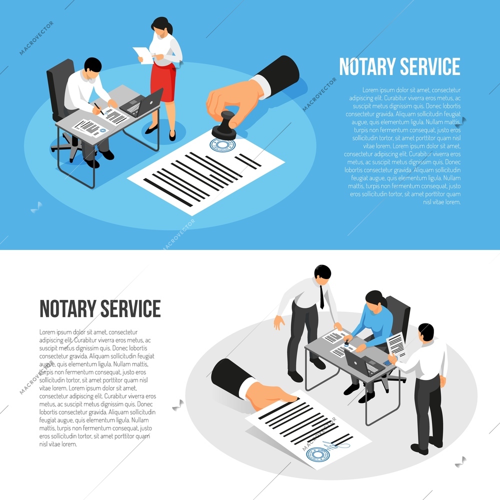 Notary service isometric horizontal banners with persons during documents execution isolated on blue white background vector illustration