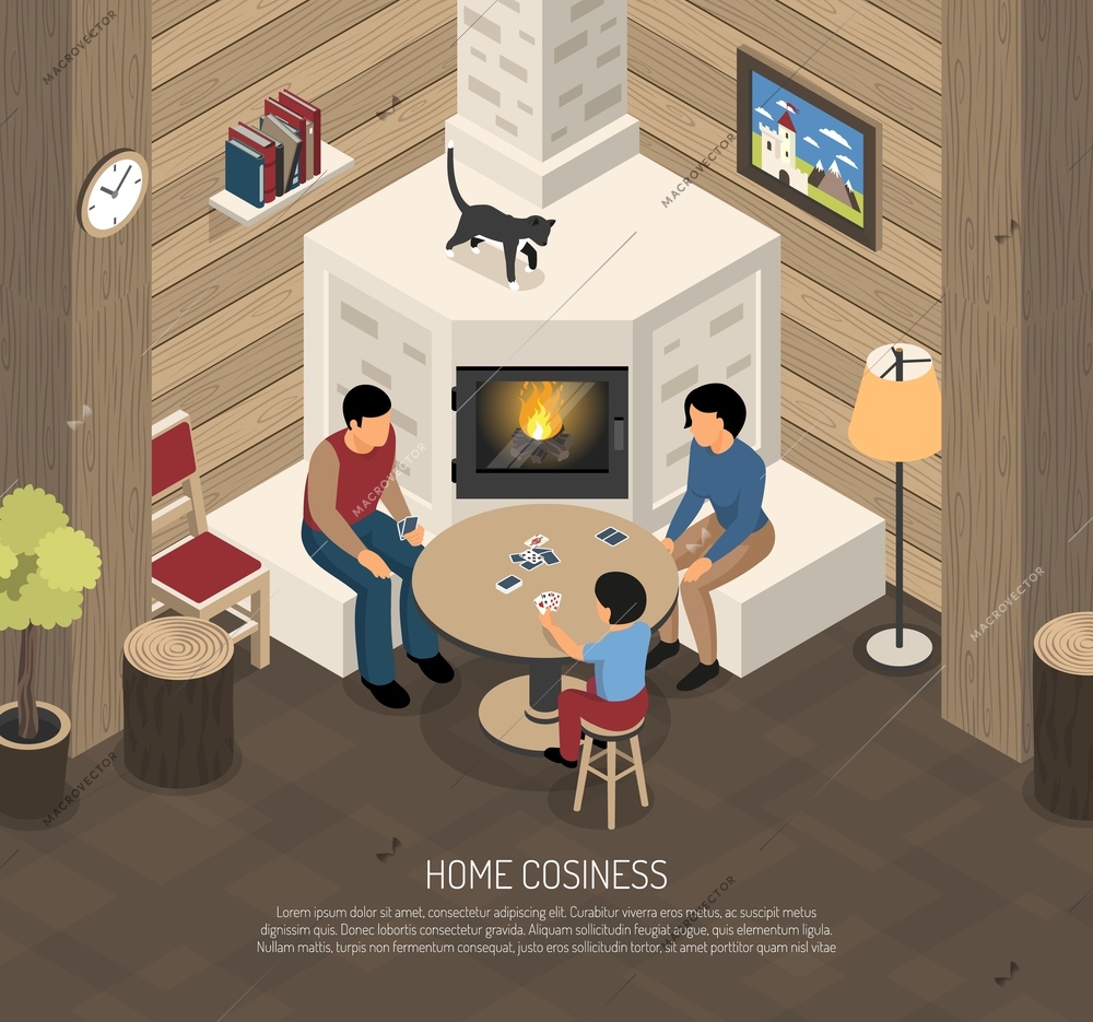 Home cosiness composition with family during playing cards near fire place isometric vector illustration