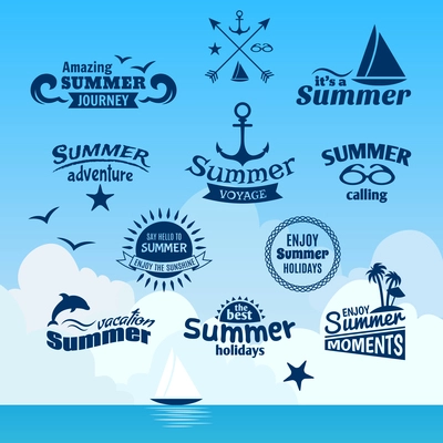 Vintage summer voyage label set with sailing yacht sea background vector illustration