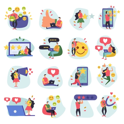 CRM customer relationship management flat icons collection of sixteen doodle images with human characters and symbols vector illustration